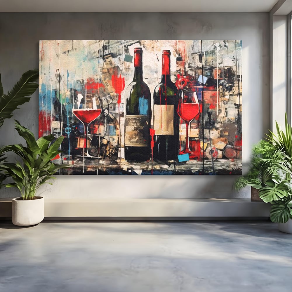 Tablou Canvas Premium, LuxCanva® N1028, Povesti la Sticla, Vin Rosu, Pahare, Sticle, Bautura, Graffiti, Modern, Urban, Pictura, Abstract, Poveste, Pub, Lounge, Bar, Restaurant, Bucatarie