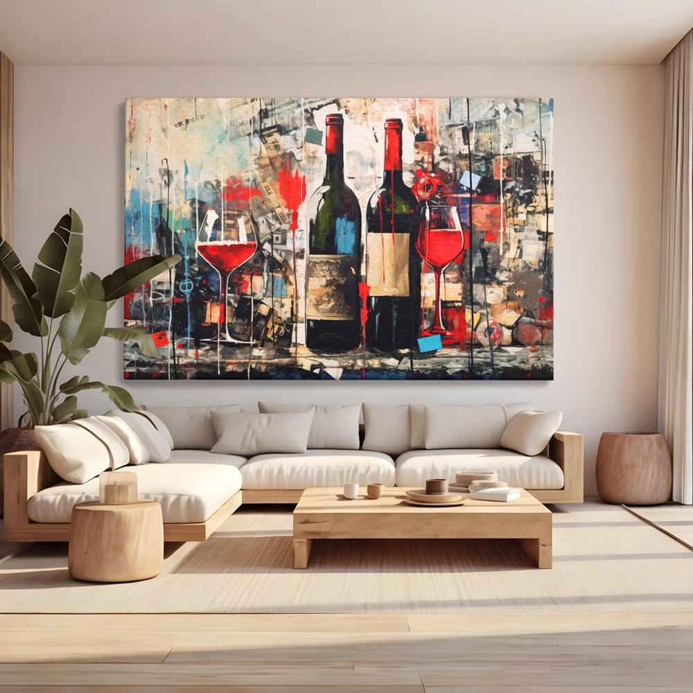Tablou Canvas Premium, LuxCanva® N1028, Povesti la Sticla, Vin Rosu, Pahare, Sticle, Bautura, Graffiti, Modern, Urban, Pictura, Abstract, Poveste, Pub, Lounge, Bar, Restaurant, Bucatarie