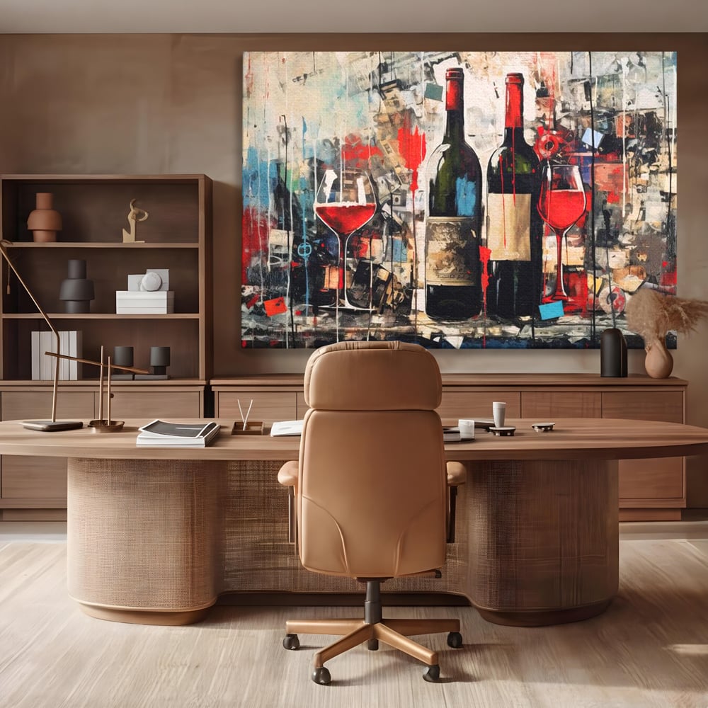 Tablou Canvas Premium, LuxCanva® N1028, Povesti la Sticla, Vin Rosu, Pahare, Sticle, Bautura, Graffiti, Modern, Urban, Pictura, Abstract, Poveste, Pub, Lounge, Bar, Restaurant, Bucatarie