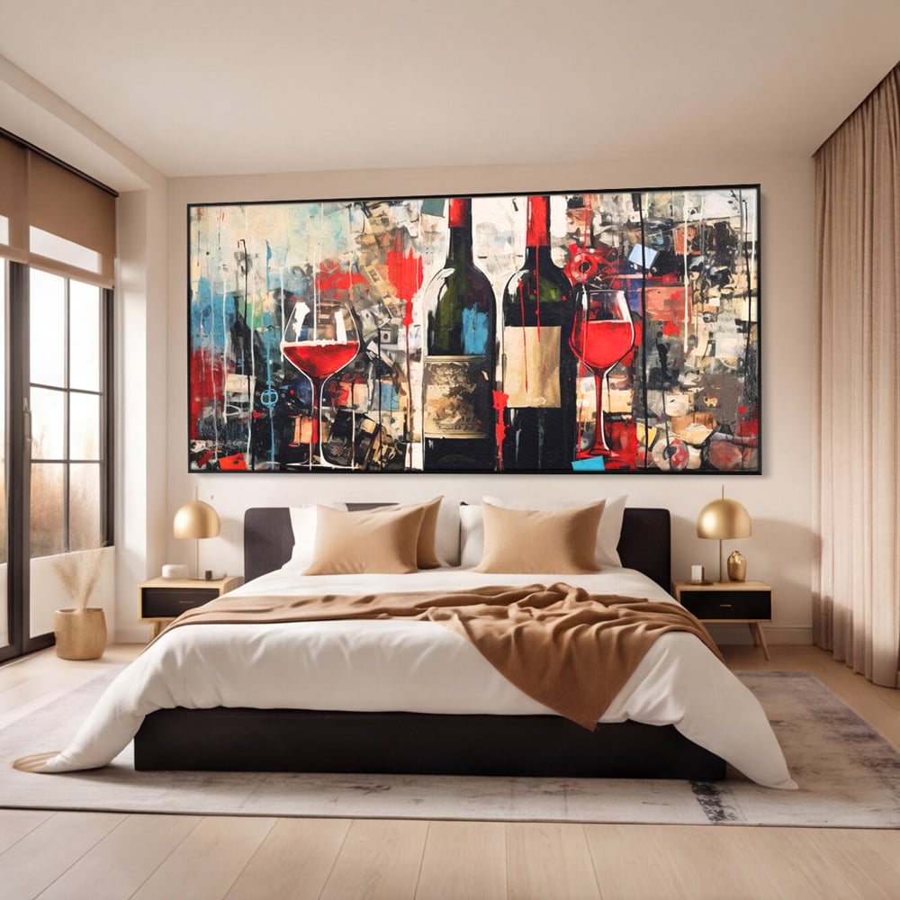 Tablou Canvas Premium, LuxCanva® N1028, Povesti la Sticla, Vin Rosu, Pahare, Sticle, Bautura, Graffiti, Modern, Urban, Pictura, Abstract, Poveste, Pub, Lounge, Bar, Restaurant, Bucatarie