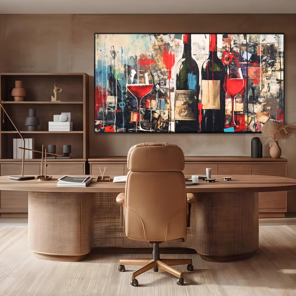 Tablou Canvas Premium, LuxCanva® N1028, Povesti la Sticla, Vin Rosu, Pahare, Sticle, Bautura, Graffiti, Modern, Urban, Pictura, Abstract, Poveste, Pub, Lounge, Bar, Restaurant, Bucatarie