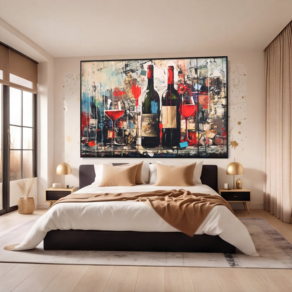 Tablou Canvas Premium, LuxCanva® N1028, Povesti la Sticla, Vin Rosu, Pahare, Sticle, Bautura, Graffiti, Modern, Urban, Pictura, Abstract, Poveste, Pub, Lounge, Bar, Restaurant, Bucatarie