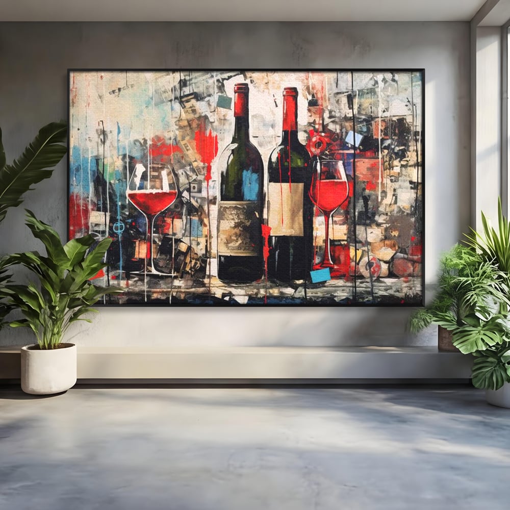 Tablou Canvas Premium, LuxCanva® N1028, Povesti la Sticla, Vin Rosu, Pahare, Sticle, Bautura, Graffiti, Modern, Urban, Pictura, Abstract, Poveste, Pub, Lounge, Bar, Restaurant, Bucatarie