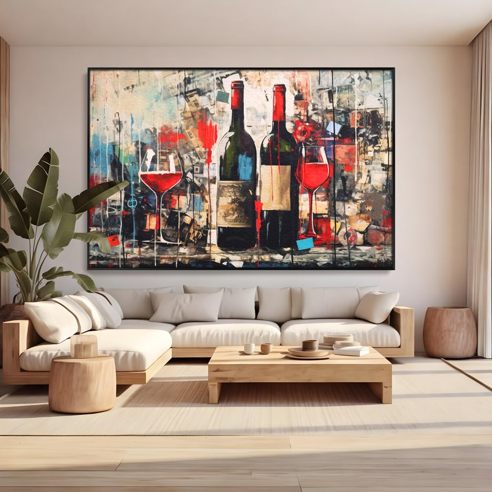 Tablou Canvas Premium, LuxCanva® N1028, Povesti la Sticla, Vin Rosu, Pahare, Sticle, Bautura, Graffiti, Modern, Urban, Pictura, Abstract, Poveste, Pub, Lounge, Bar, Restaurant, Bucatarie