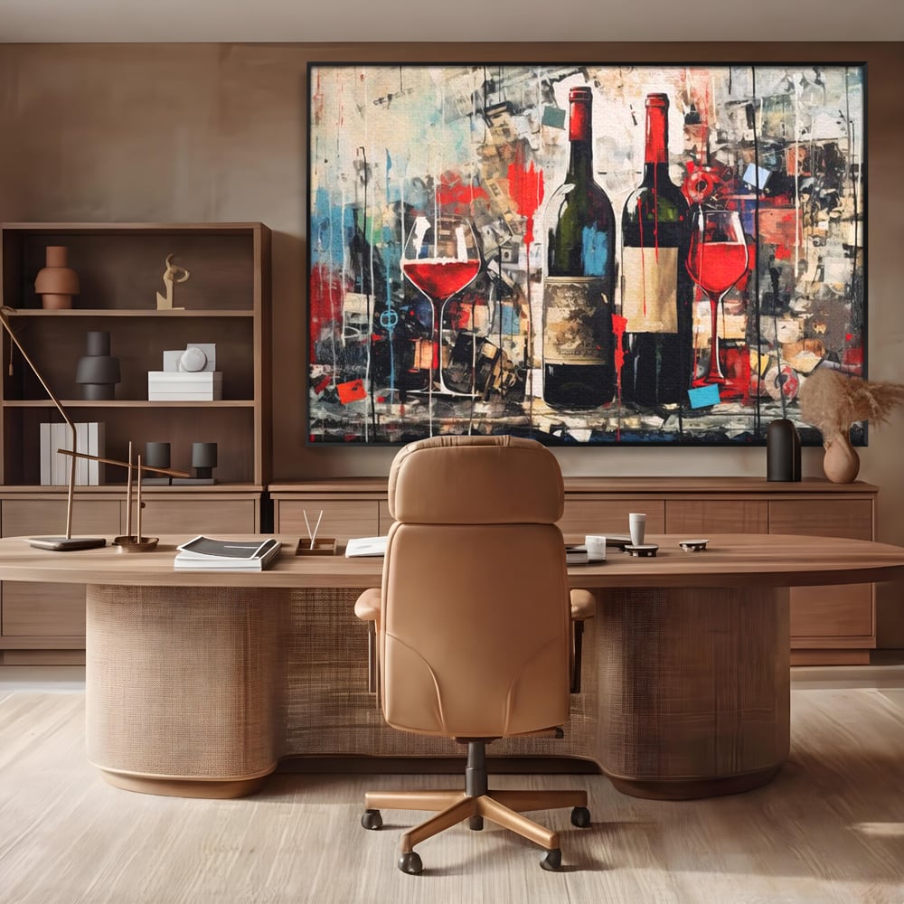Tablou Canvas Premium, LuxCanva® N1028, Povesti la Sticla, Vin Rosu, Pahare, Sticle, Bautura, Graffiti, Modern, Urban, Pictura, Abstract, Poveste, Pub, Lounge, Bar, Restaurant, Bucatarie