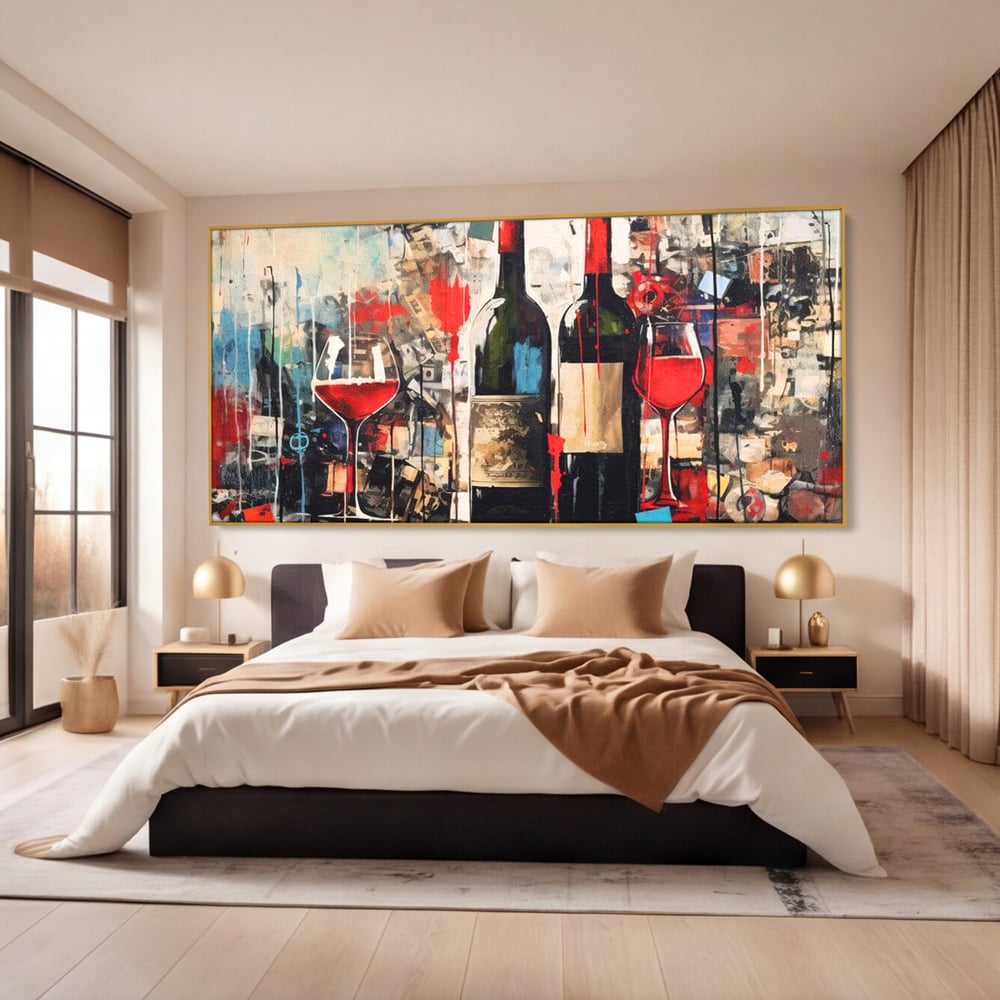 Tablou Canvas Premium, LuxCanva® N1028, Povesti la Sticla, Vin Rosu, Pahare, Sticle, Bautura, Graffiti, Modern, Urban, Pictura, Abstract, Poveste, Pub, Lounge, Bar, Restaurant, Bucatarie