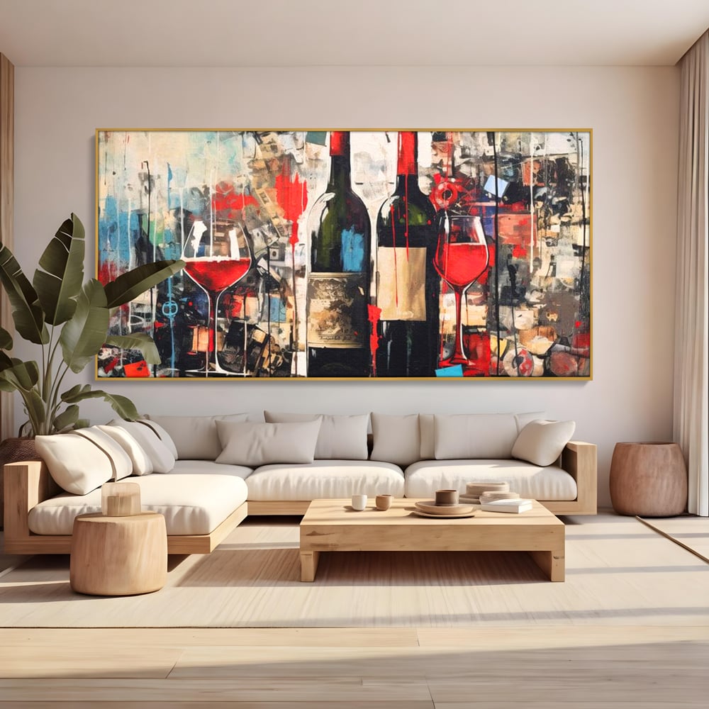 Tablou Canvas Premium, LuxCanva® N1028, Povesti la Sticla, Vin Rosu, Pahare, Sticle, Bautura, Graffiti, Modern, Urban, Pictura, Abstract, Poveste, Pub, Lounge, Bar, Restaurant, Bucatarie