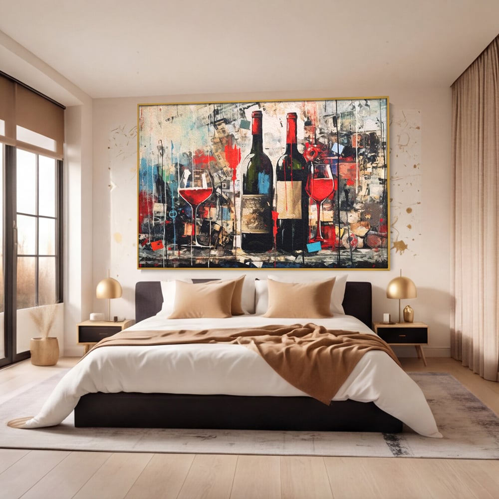 Tablou Canvas Premium, LuxCanva® N1028, Povesti la Sticla, Vin Rosu, Pahare, Sticle, Bautura, Graffiti, Modern, Urban, Pictura, Abstract, Poveste, Pub, Lounge, Bar, Restaurant, Bucatarie