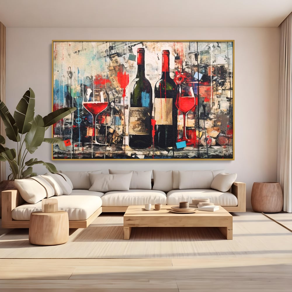 Tablou Canvas Premium, LuxCanva® N1028, Povesti la Sticla, Vin Rosu, Pahare, Sticle, Bautura, Graffiti, Modern, Urban, Pictura, Abstract, Poveste, Pub, Lounge, Bar, Restaurant, Bucatarie