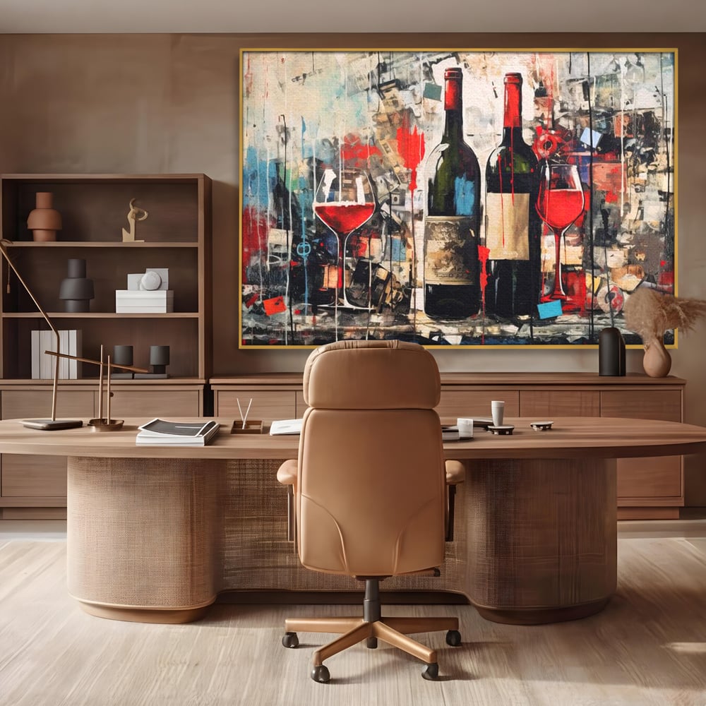 Tablou Canvas Premium, LuxCanva® N1028, Povesti la Sticla, Vin Rosu, Pahare, Sticle, Bautura, Graffiti, Modern, Urban, Pictura, Abstract, Poveste, Pub, Lounge, Bar, Restaurant, Bucatarie