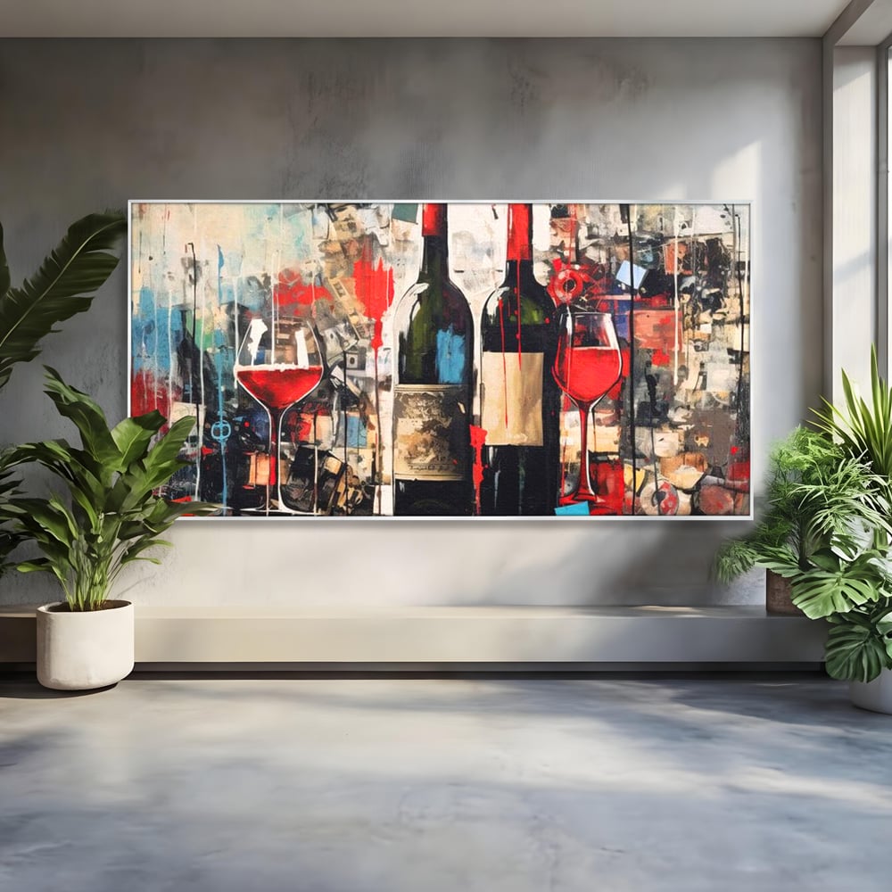 Tablou Canvas Premium, LuxCanva® N1028, Povesti la Sticla, Vin Rosu, Pahare, Sticle, Bautura, Graffiti, Modern, Urban, Pictura, Abstract, Poveste, Pub, Lounge, Bar, Restaurant, Bucatarie