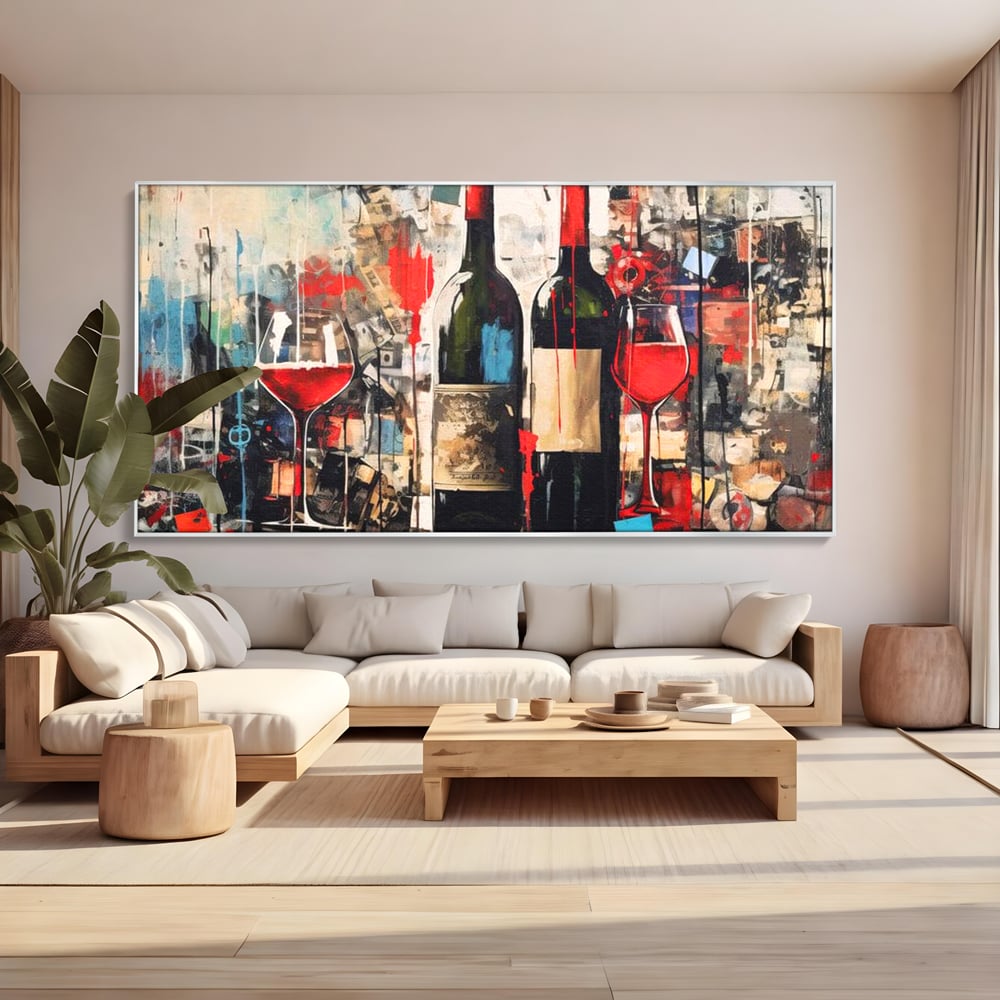 Tablou Canvas Premium, LuxCanva® N1028, Povesti la Sticla, Vin Rosu, Pahare, Sticle, Bautura, Graffiti, Modern, Urban, Pictura, Abstract, Poveste, Pub, Lounge, Bar, Restaurant, Bucatarie