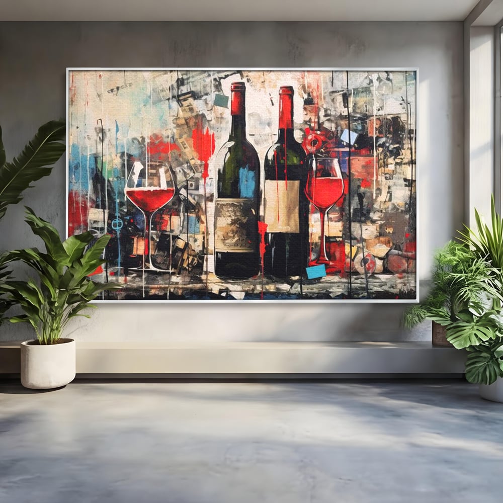 Tablou Canvas Premium, LuxCanva® N1028, Povesti la Sticla, Vin Rosu, Pahare, Sticle, Bautura, Graffiti, Modern, Urban, Pictura, Abstract, Poveste, Pub, Lounge, Bar, Restaurant, Bucatarie