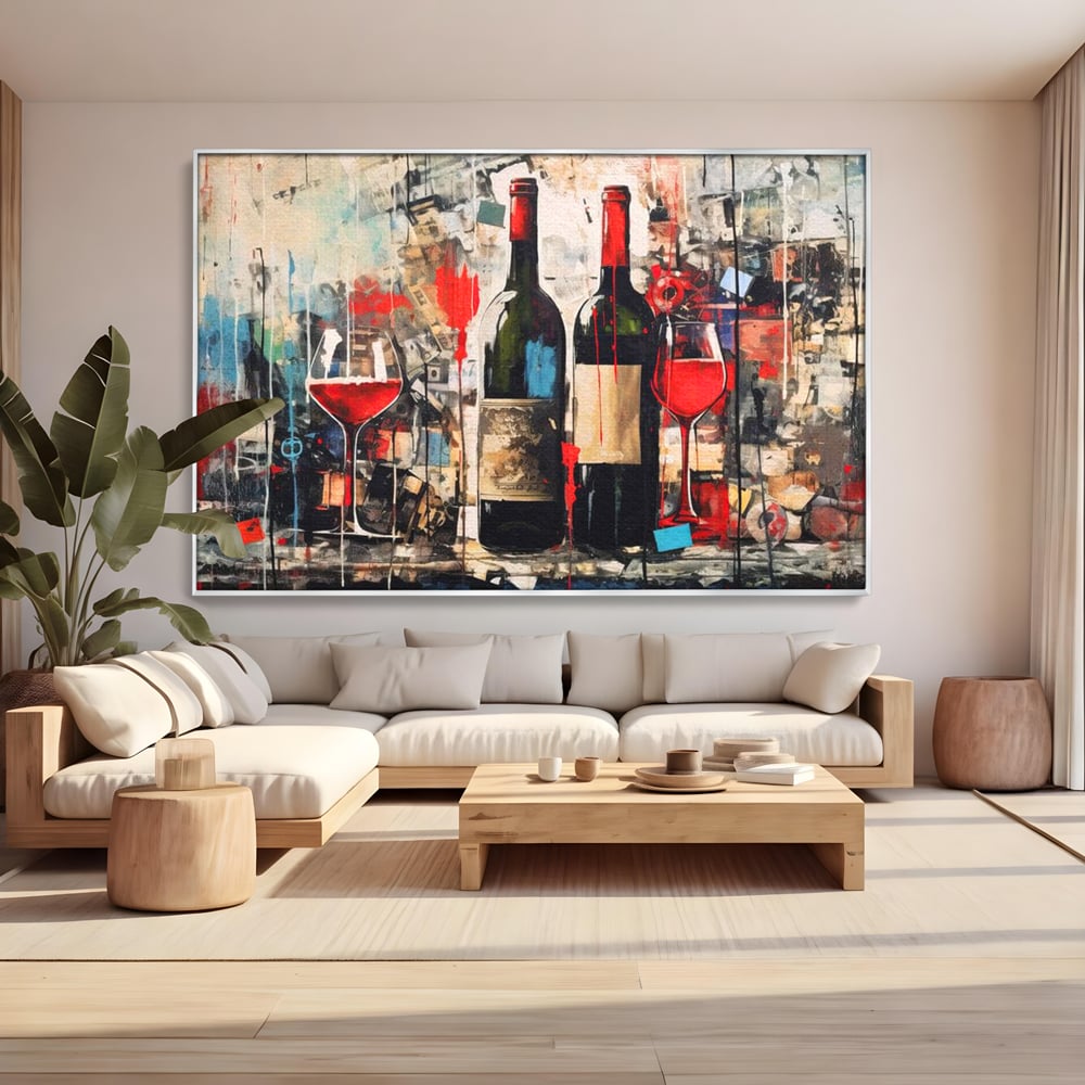 Tablou Canvas Premium, LuxCanva® N1028, Povesti la Sticla, Vin Rosu, Pahare, Sticle, Bautura, Graffiti, Modern, Urban, Pictura, Abstract, Poveste, Pub, Lounge, Bar, Restaurant, Bucatarie