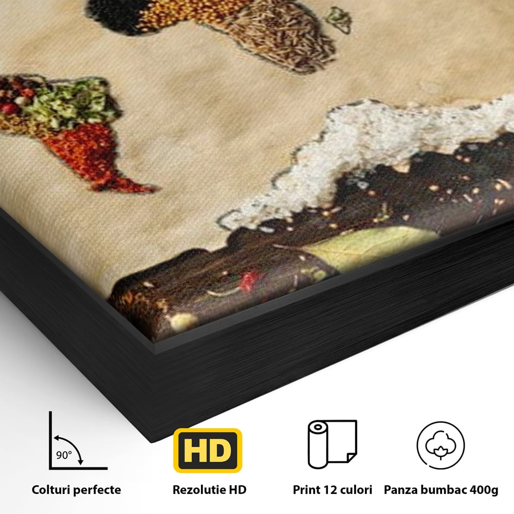 Tablou Canvas Premium, LuxCanva® N1029, Geografia Gustului, Harta Lumii, Condimente, Mirodenii, Gust, Aroma, Ingrediente, Continente, Retete, Natural, Oriental, Restaurant, Bucatarie
