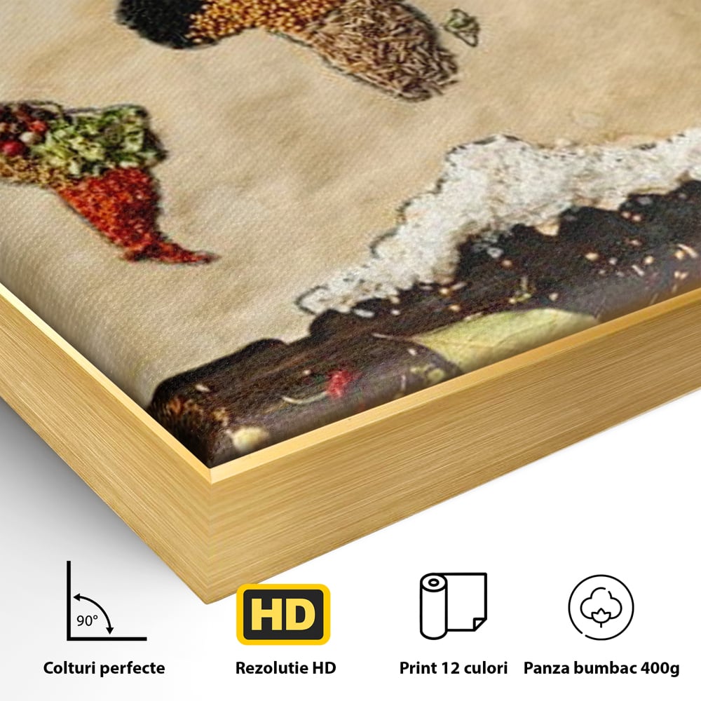 Tablou Canvas Premium, LuxCanva® N1029, Geografia Gustului, Harta Lumii, Condimente, Mirodenii, Gust, Aroma, Ingrediente, Continente, Retete, Natural, Oriental, Restaurant, Bucatarie