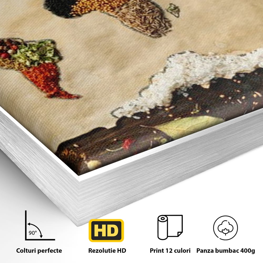 Tablou Canvas Premium, LuxCanva® N1029, Geografia Gustului, Harta Lumii, Condimente, Mirodenii, Gust, Aroma, Ingrediente, Continente, Retete, Natural, Oriental, Restaurant, Bucatarie