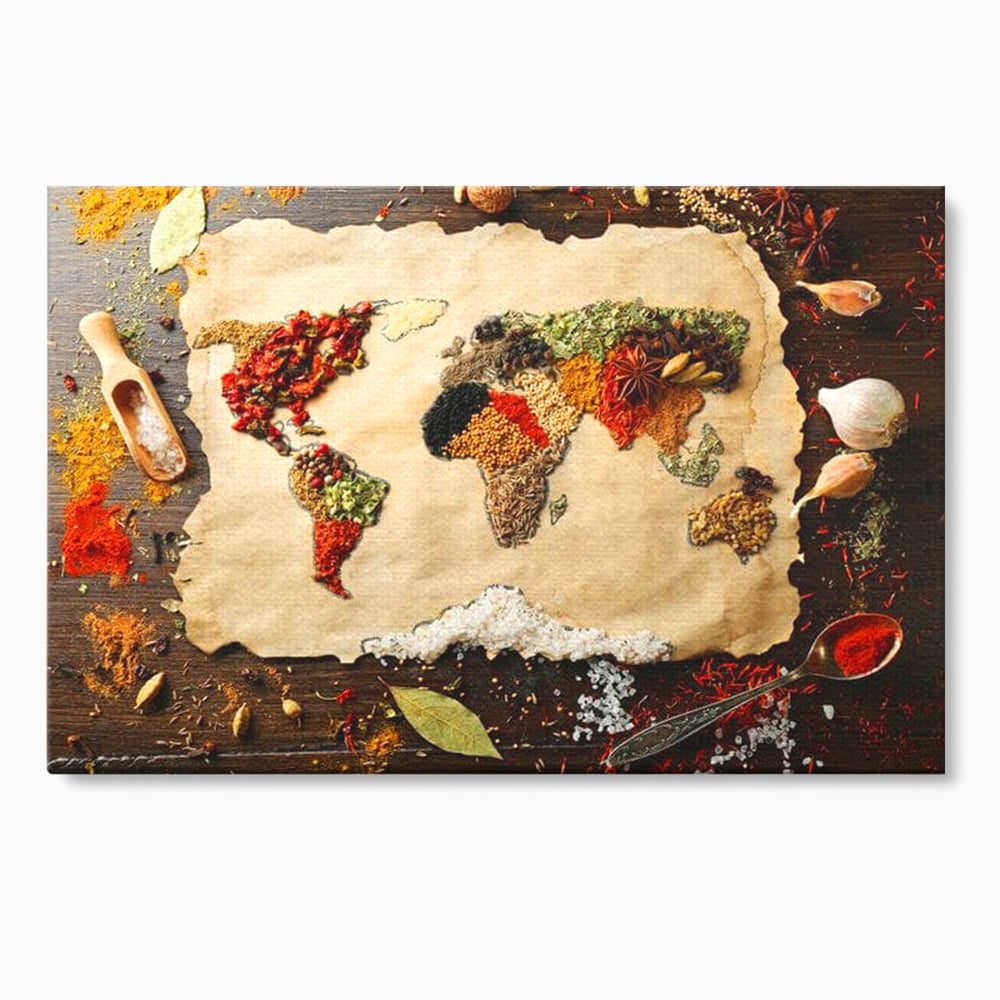 Tablou Canvas Premium, LuxCanva® N1029, Geografia Gustului, Harta Lumii, Condimente, Mirodenii, Gust, Aroma, Ingrediente, Continente, Retete, Natural, Oriental, Restaurant, Bucatarie