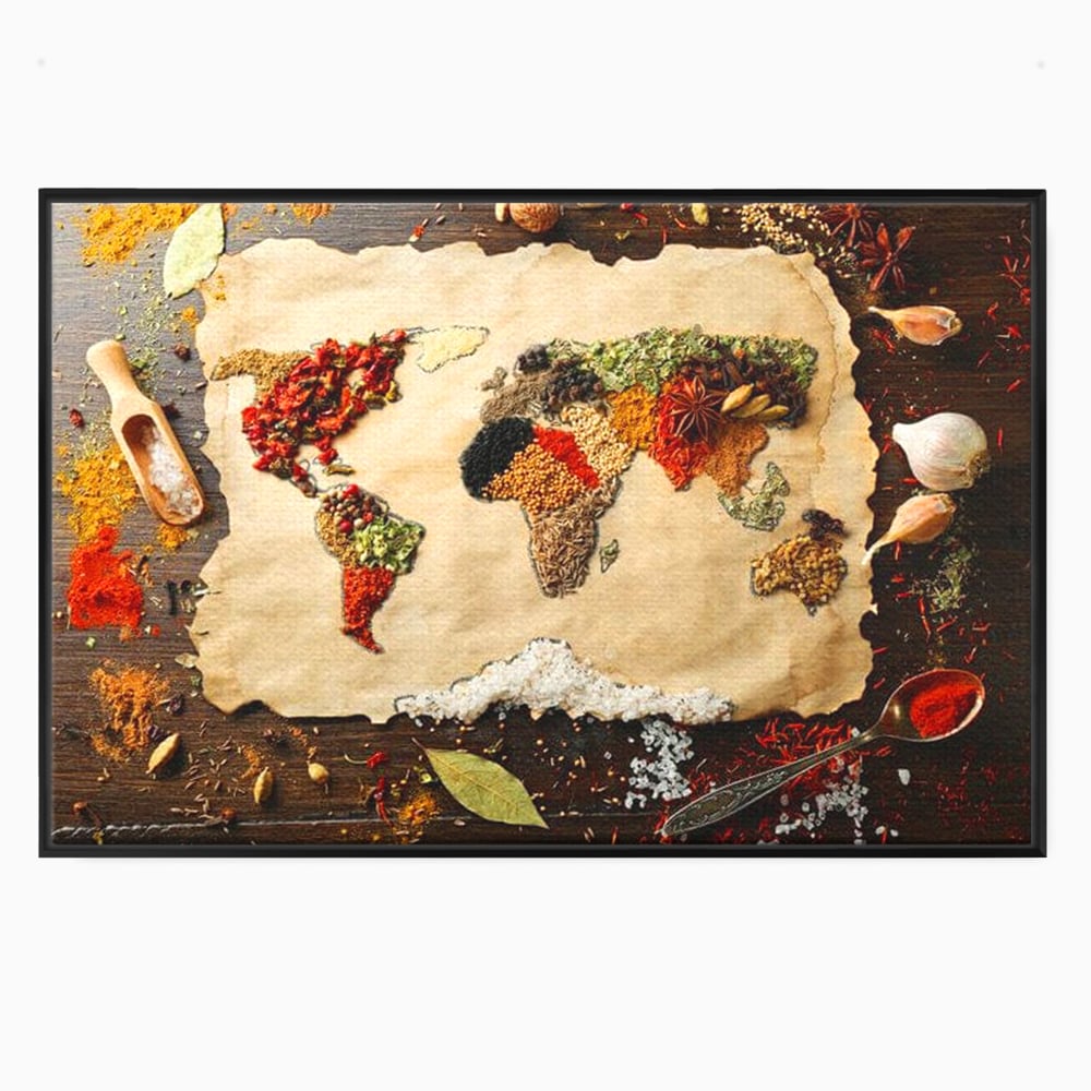 Tablou Canvas Premium, LuxCanva® N1029, Geografia Gustului, Harta Lumii, Condimente, Mirodenii, Gust, Aroma, Ingrediente, Continente, Retete, Natural, Oriental, Restaurant, Bucatarie