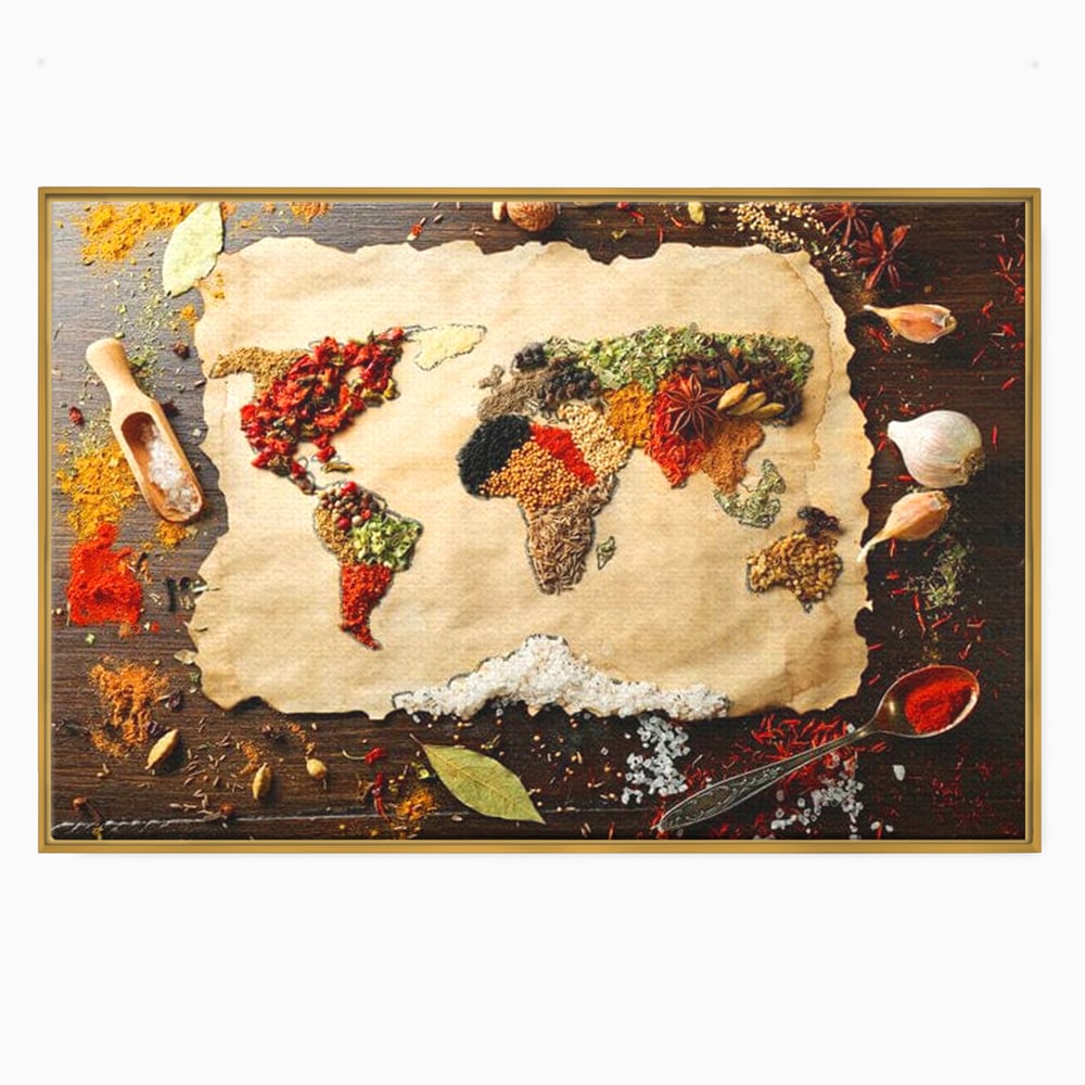 Tablou Canvas Premium, LuxCanva® N1029, Geografia Gustului, Harta Lumii, Condimente, Mirodenii, Gust, Aroma, Ingrediente, Continente, Retete, Natural, Oriental, Restaurant, Bucatarie