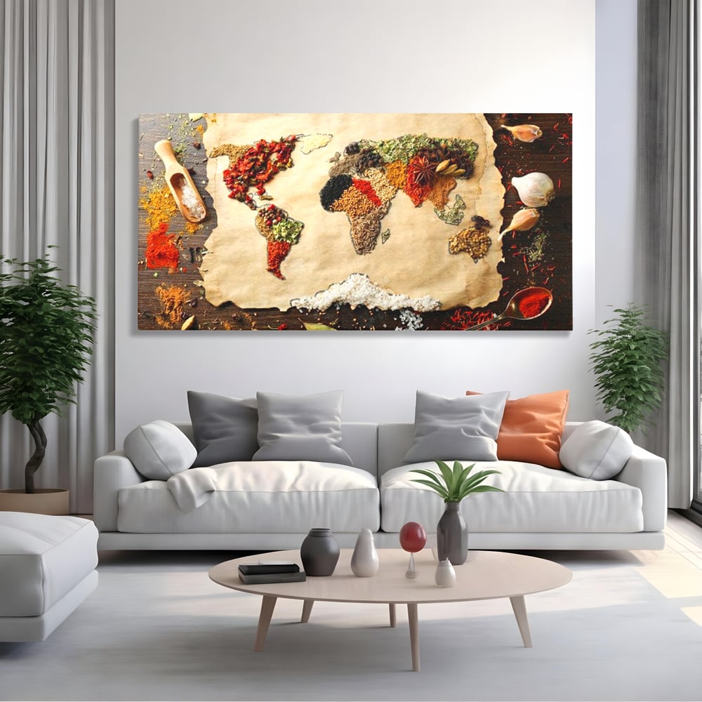 Tablou Canvas Premium, LuxCanva® N1029, Geografia Gustului, Harta Lumii, Condimente, Mirodenii, Gust, Aroma, Ingrediente, Continente, Retete, Natural, Oriental, Restaurant, Bucatarie