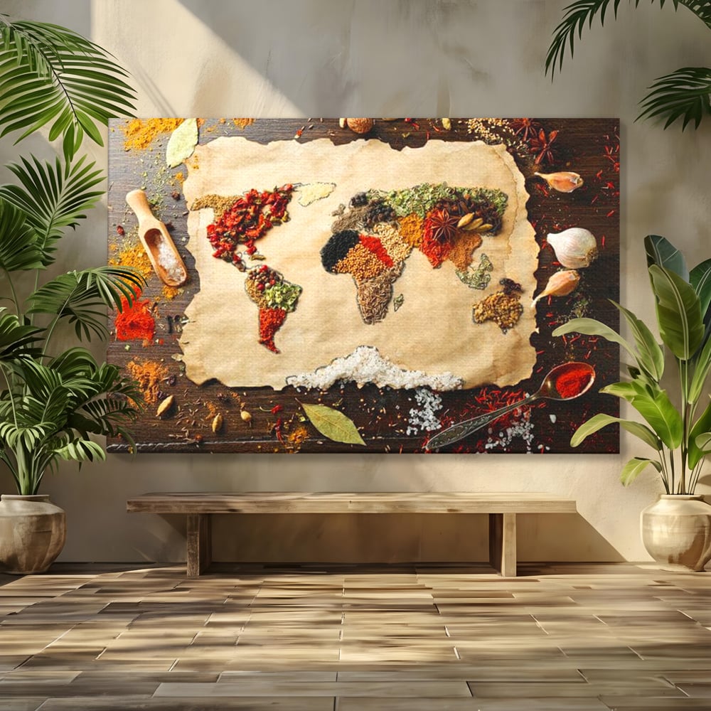 Tablou Canvas Premium, LuxCanva® N1029, Geografia Gustului, Harta Lumii, Condimente, Mirodenii, Gust, Aroma, Ingrediente, Continente, Retete, Natural, Oriental, Restaurant, Bucatarie