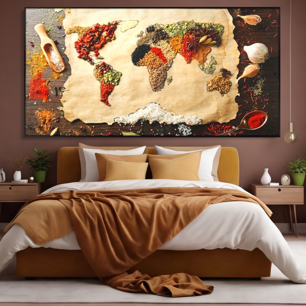 Tablou Canvas Premium, LuxCanva® N1029, Geografia Gustului, Harta Lumii, Condimente, Mirodenii, Gust, Aroma, Ingrediente, Continente, Retete, Natural, Oriental, Restaurant, Bucatarie