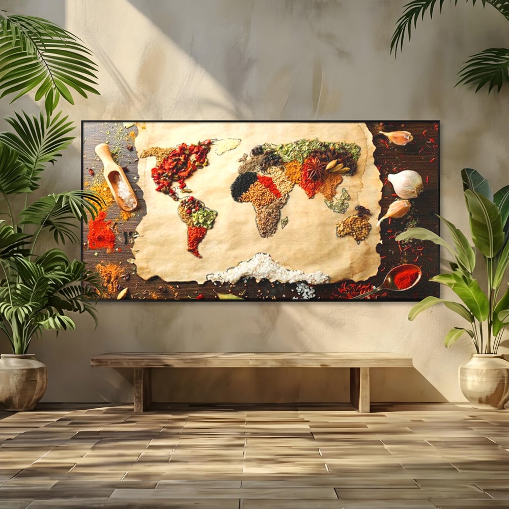 Tablou Canvas Premium, LuxCanva® N1029, Geografia Gustului, Harta Lumii, Condimente, Mirodenii, Gust, Aroma, Ingrediente, Continente, Retete, Natural, Oriental, Restaurant, Bucatarie