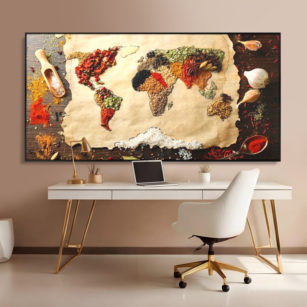 Tablou Canvas Premium, LuxCanva® N1029, Geografia Gustului, Harta Lumii, Condimente, Mirodenii, Gust, Aroma, Ingrediente, Continente, Retete, Natural, Oriental, Restaurant, Bucatarie