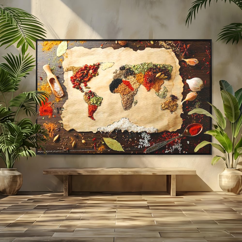 Tablou Canvas Premium, LuxCanva® N1029, Geografia Gustului, Harta Lumii, Condimente, Mirodenii, Gust, Aroma, Ingrediente, Continente, Retete, Natural, Oriental, Restaurant, Bucatarie