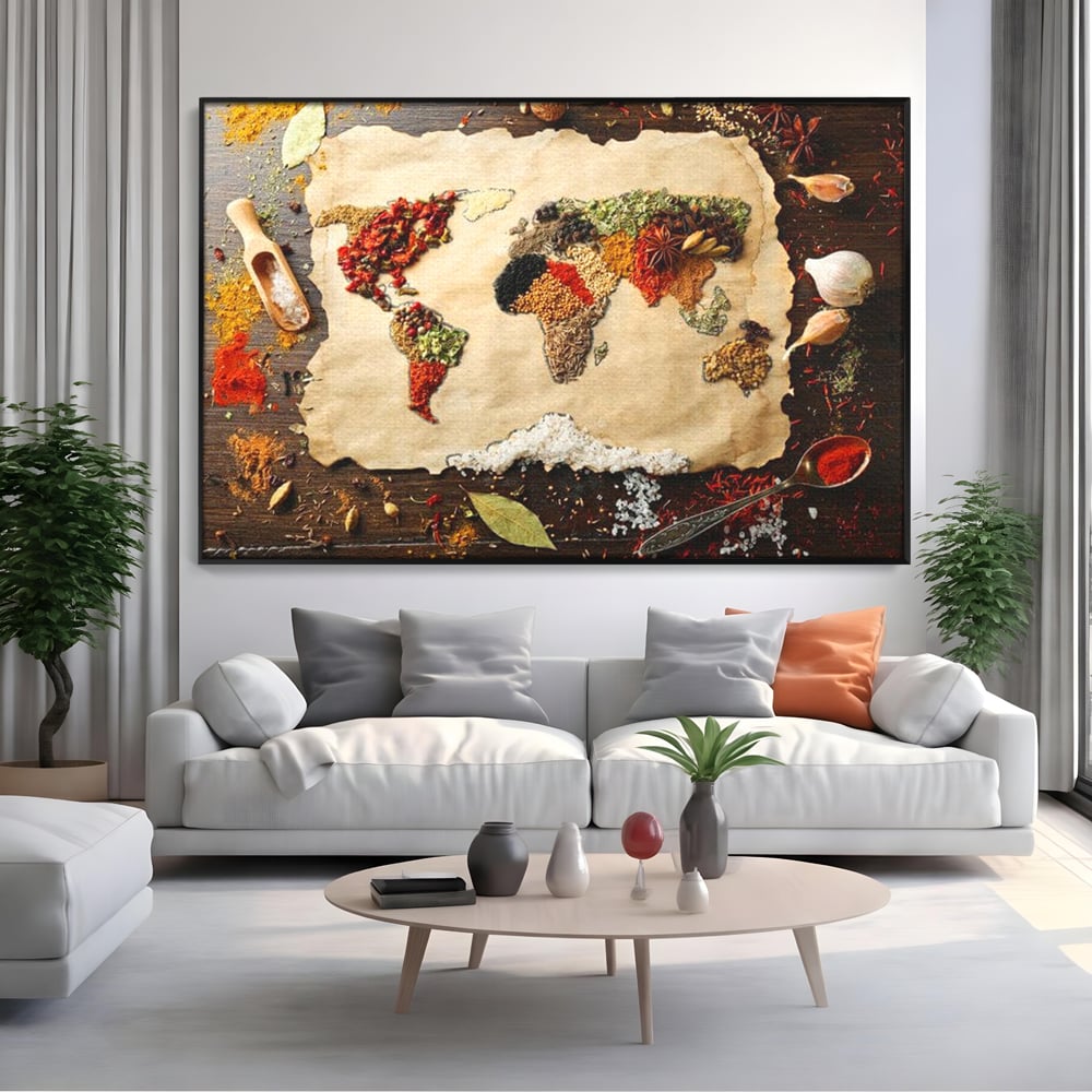 Tablou Canvas Premium, LuxCanva® N1029, Geografia Gustului, Harta Lumii, Condimente, Mirodenii, Gust, Aroma, Ingrediente, Continente, Retete, Natural, Oriental, Restaurant, Bucatarie