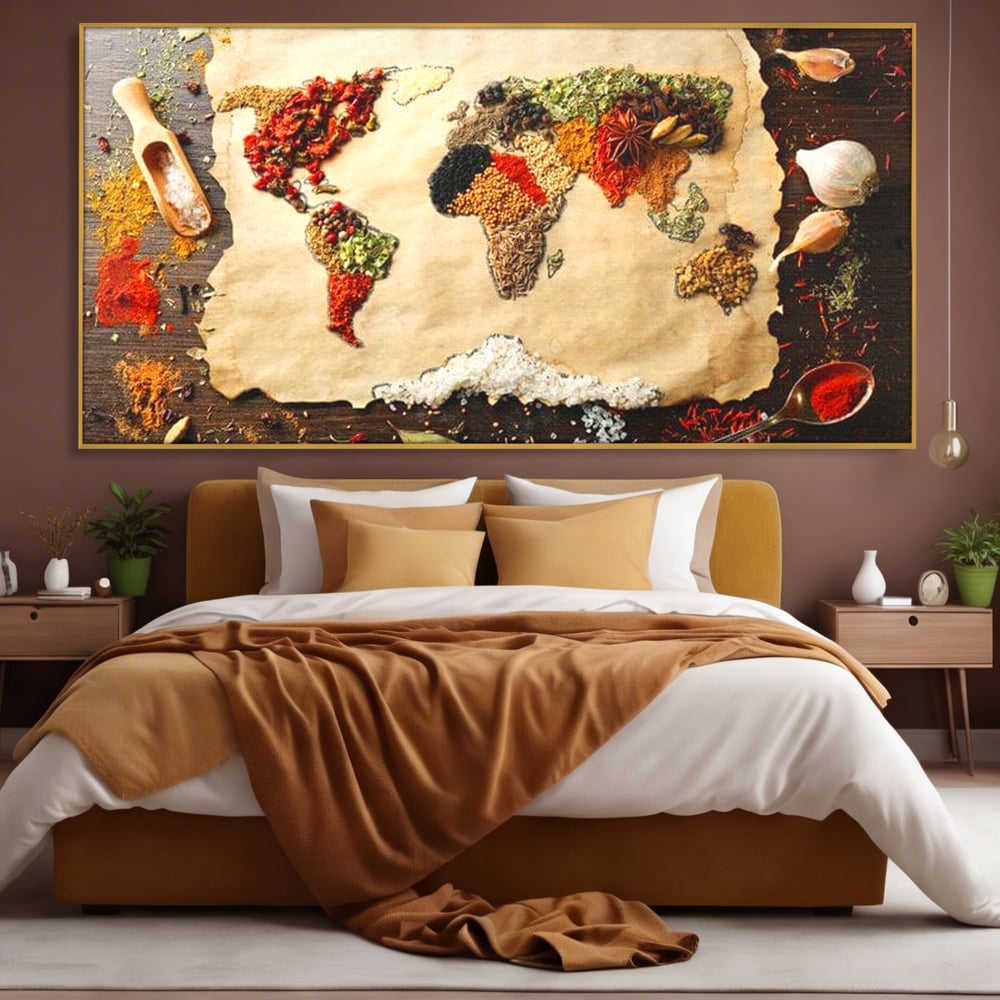 Tablou Canvas Premium, LuxCanva® N1029, Geografia Gustului, Harta Lumii, Condimente, Mirodenii, Gust, Aroma, Ingrediente, Continente, Retete, Natural, Oriental, Restaurant, Bucatarie
