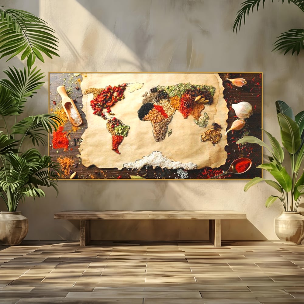 Tablou Canvas Premium, LuxCanva® N1029, Geografia Gustului, Harta Lumii, Condimente, Mirodenii, Gust, Aroma, Ingrediente, Continente, Retete, Natural, Oriental, Restaurant, Bucatarie
