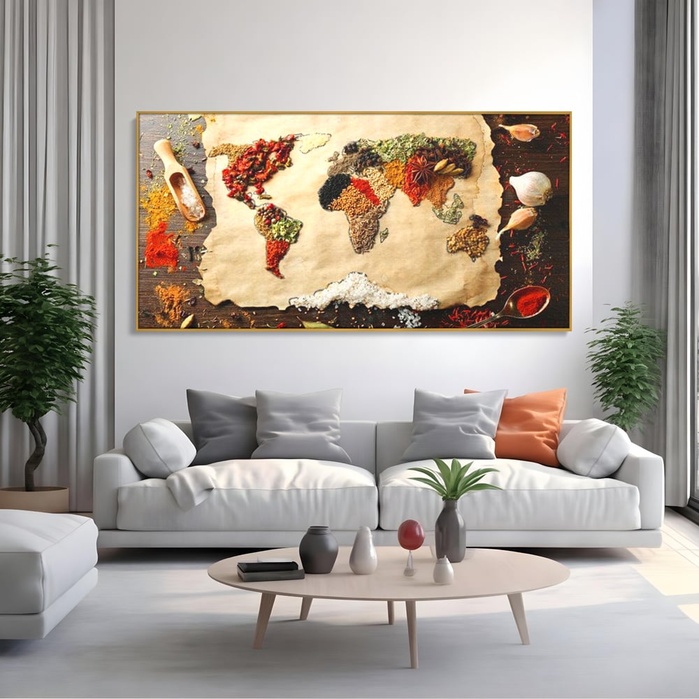 Tablou Canvas Premium, LuxCanva® N1029, Geografia Gustului, Harta Lumii, Condimente, Mirodenii, Gust, Aroma, Ingrediente, Continente, Retete, Natural, Oriental, Restaurant, Bucatarie