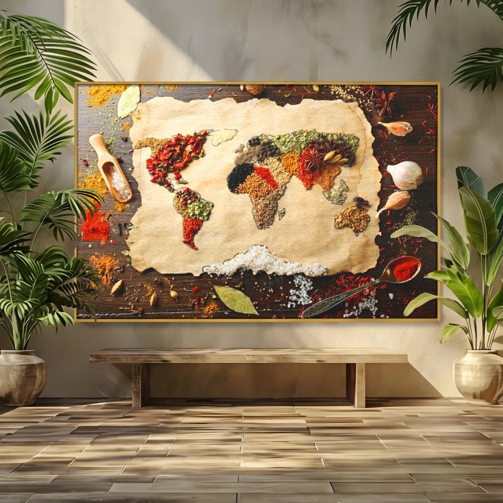 Tablou Canvas Premium, LuxCanva® N1029, Geografia Gustului, Harta Lumii, Condimente, Mirodenii, Gust, Aroma, Ingrediente, Continente, Retete, Natural, Oriental, Restaurant, Bucatarie