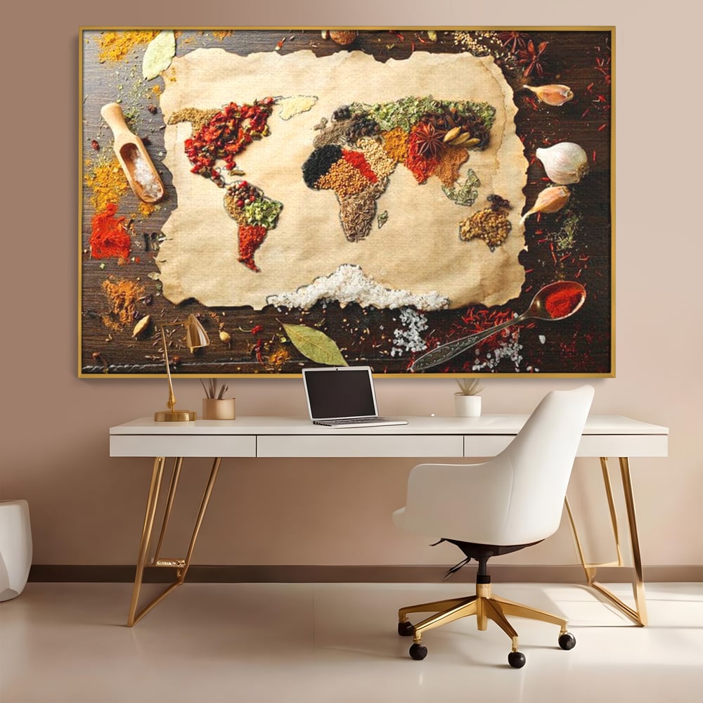 Tablou Canvas Premium, LuxCanva® N1029, Geografia Gustului, Harta Lumii, Condimente, Mirodenii, Gust, Aroma, Ingrediente, Continente, Retete, Natural, Oriental, Restaurant, Bucatarie