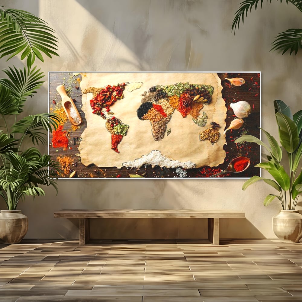 Tablou Canvas Premium, LuxCanva® N1029, Geografia Gustului, Harta Lumii, Condimente, Mirodenii, Gust, Aroma, Ingrediente, Continente, Retete, Natural, Oriental, Restaurant, Bucatarie