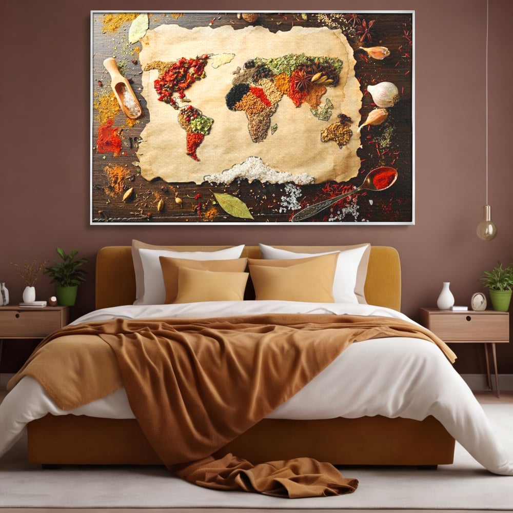 Tablou Canvas Premium, LuxCanva® N1029, Geografia Gustului, Harta Lumii, Condimente, Mirodenii, Gust, Aroma, Ingrediente, Continente, Retete, Natural, Oriental, Restaurant, Bucatarie