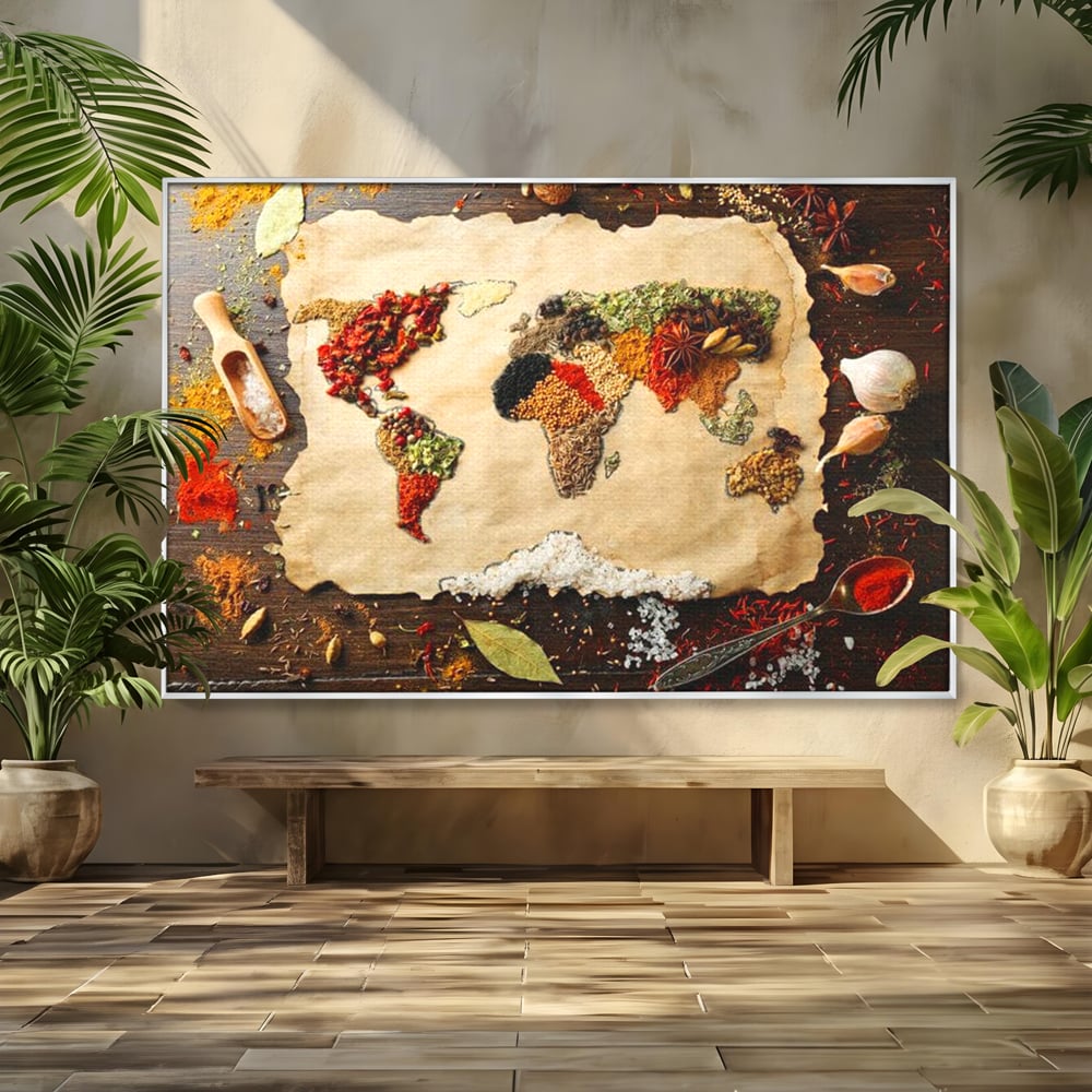 Tablou Canvas Premium, LuxCanva® N1029, Geografia Gustului, Harta Lumii, Condimente, Mirodenii, Gust, Aroma, Ingrediente, Continente, Retete, Natural, Oriental, Restaurant, Bucatarie