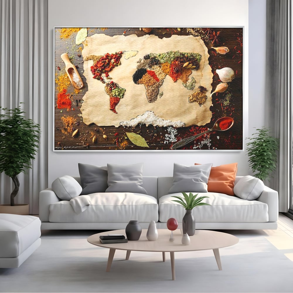 Tablou Canvas Premium, LuxCanva® N1029, Geografia Gustului, Harta Lumii, Condimente, Mirodenii, Gust, Aroma, Ingrediente, Continente, Retete, Natural, Oriental, Restaurant, Bucatarie