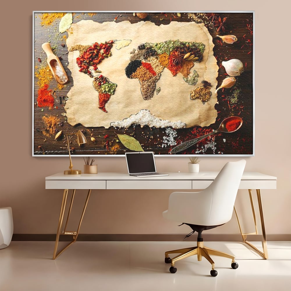 Tablou Canvas Premium, LuxCanva® N1029, Geografia Gustului, Harta Lumii, Condimente, Mirodenii, Gust, Aroma, Ingrediente, Continente, Retete, Natural, Oriental, Restaurant, Bucatarie