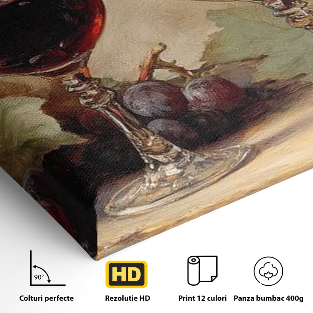 Tablou Canvas Premium, LuxCanva® N1031, Ecouri din Vie, Vin Rosu, Struguri, Bautura, Fructe, Pahare, Frunze, Vie, Savoare, Degustare, Rustic, Pub, Bar, Restaurant, Bucatarie