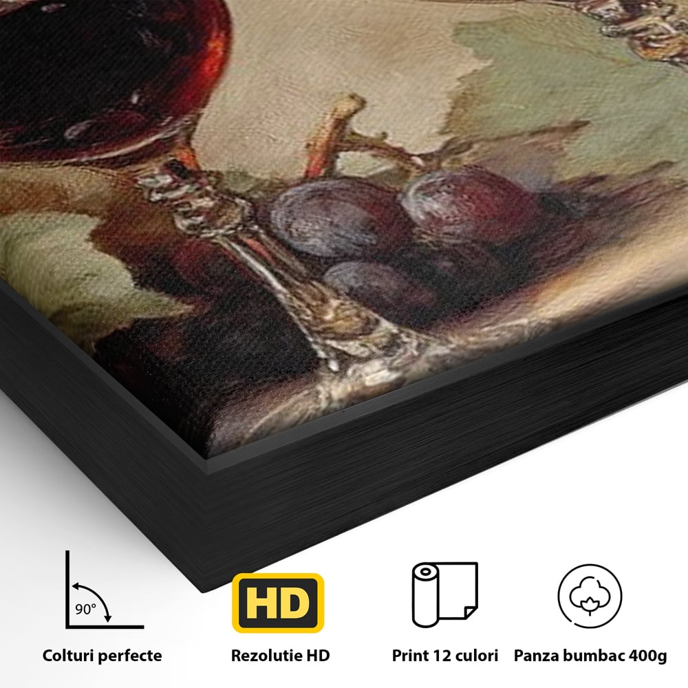 Tablou Canvas Premium, LuxCanva® N1031, Ecouri din Vie, Vin Rosu, Struguri, Bautura, Fructe, Pahare, Frunze, Vie, Savoare, Degustare, Rustic, Pub, Bar, Restaurant, Bucatarie