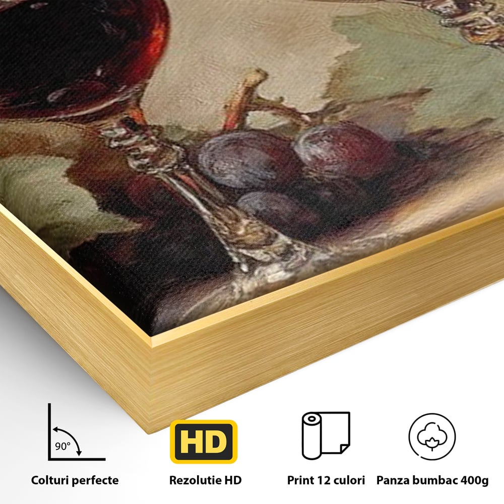 Tablou Canvas Premium, LuxCanva® N1031, Ecouri din Vie, Vin Rosu, Struguri, Bautura, Fructe, Pahare, Frunze, Vie, Savoare, Degustare, Rustic, Pub, Bar, Restaurant, Bucatarie