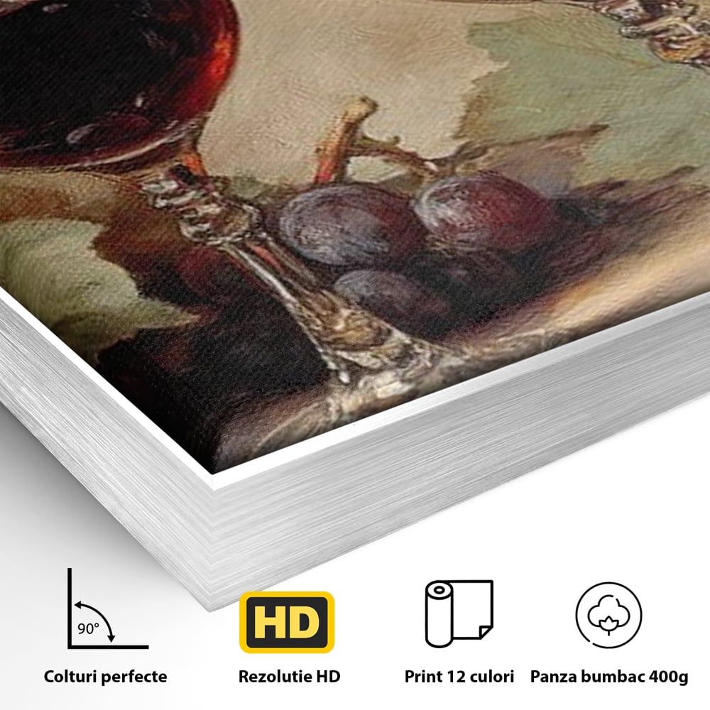 Tablou Canvas Premium, LuxCanva® N1031, Ecouri din Vie, Vin Rosu, Struguri, Bautura, Fructe, Pahare, Frunze, Vie, Savoare, Degustare, Rustic, Pub, Bar, Restaurant, Bucatarie