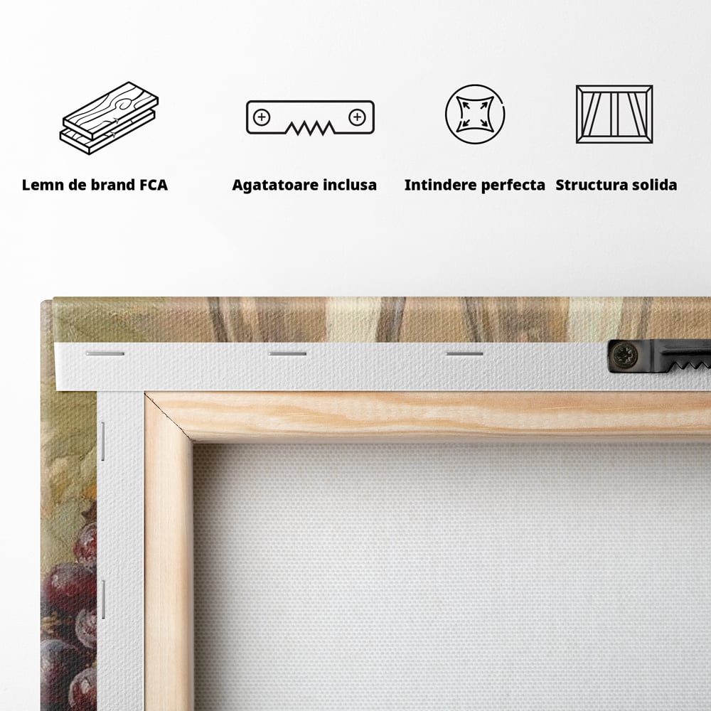 Tablou Canvas Premium, LuxCanva® N1031, Ecouri din Vie, Vin Rosu, Struguri, Bautura, Fructe, Pahare, Frunze, Vie, Savoare, Degustare, Rustic, Pub, Bar, Restaurant, Bucatarie