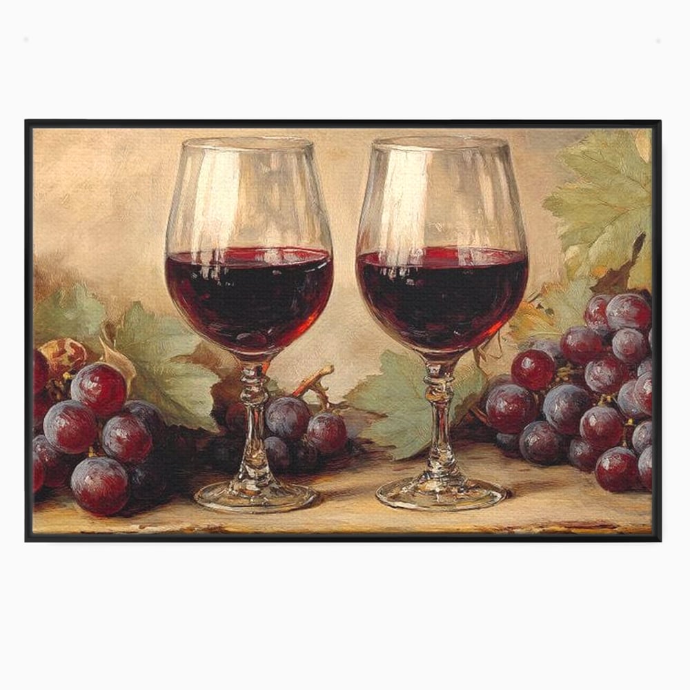 Tablou Canvas Premium, LuxCanva® N1031, Ecouri din Vie, Vin Rosu, Struguri, Bautura, Fructe, Pahare, Frunze, Vie, Savoare, Degustare, Rustic, Pub, Bar, Restaurant, Bucatarie