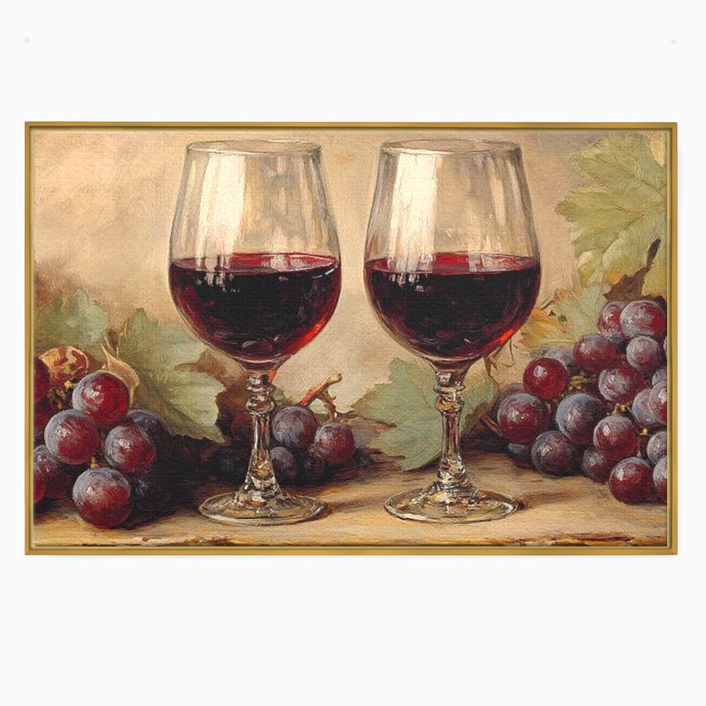 Tablou Canvas Premium, LuxCanva® N1031, Ecouri din Vie, Vin Rosu, Struguri, Bautura, Fructe, Pahare, Frunze, Vie, Savoare, Degustare, Rustic, Pub, Bar, Restaurant, Bucatarie