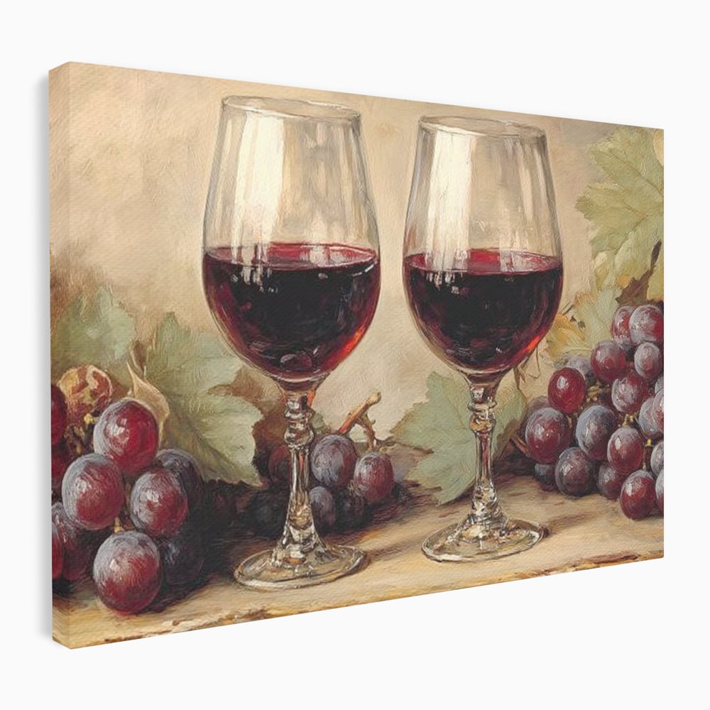 Tablou Canvas Premium, LuxCanva® N1031, Ecouri din Vie, Vin Rosu, Struguri, Bautura, Fructe, Pahare, Frunze, Vie, Savoare, Degustare, Rustic, Pub, Bar, Restaurant, Bucatarie