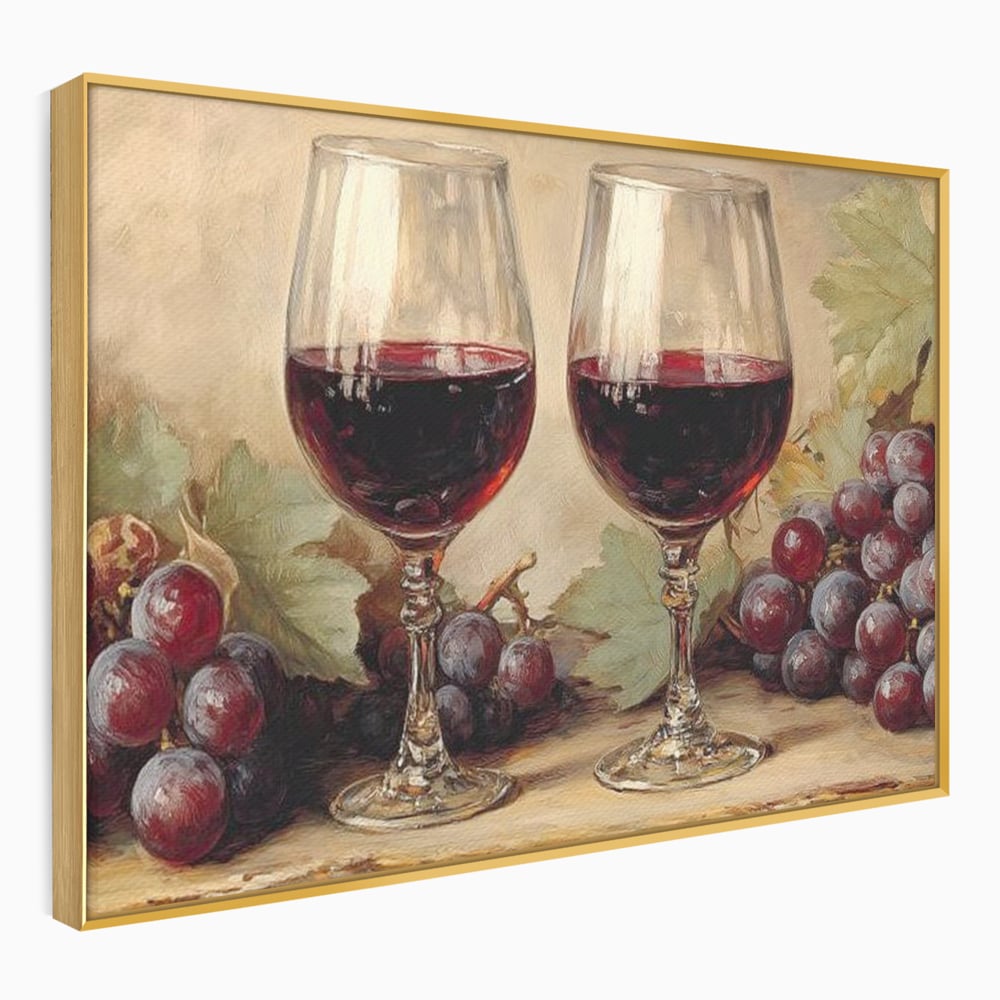 Tablou Canvas Premium, LuxCanva® N1031, Ecouri din Vie, Vin Rosu, Struguri, Bautura, Fructe, Pahare, Frunze, Vie, Savoare, Degustare, Rustic, Pub, Bar, Restaurant, Bucatarie